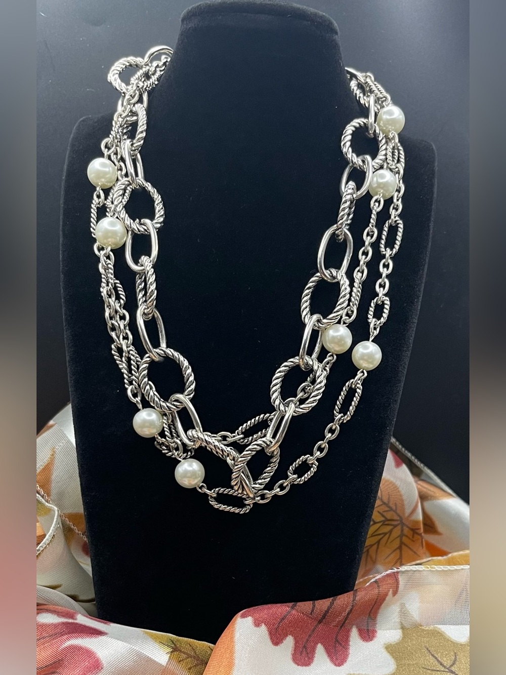 Premier designs, Bellissimo, silver multi-strand, pearl cable link necklace 18”
